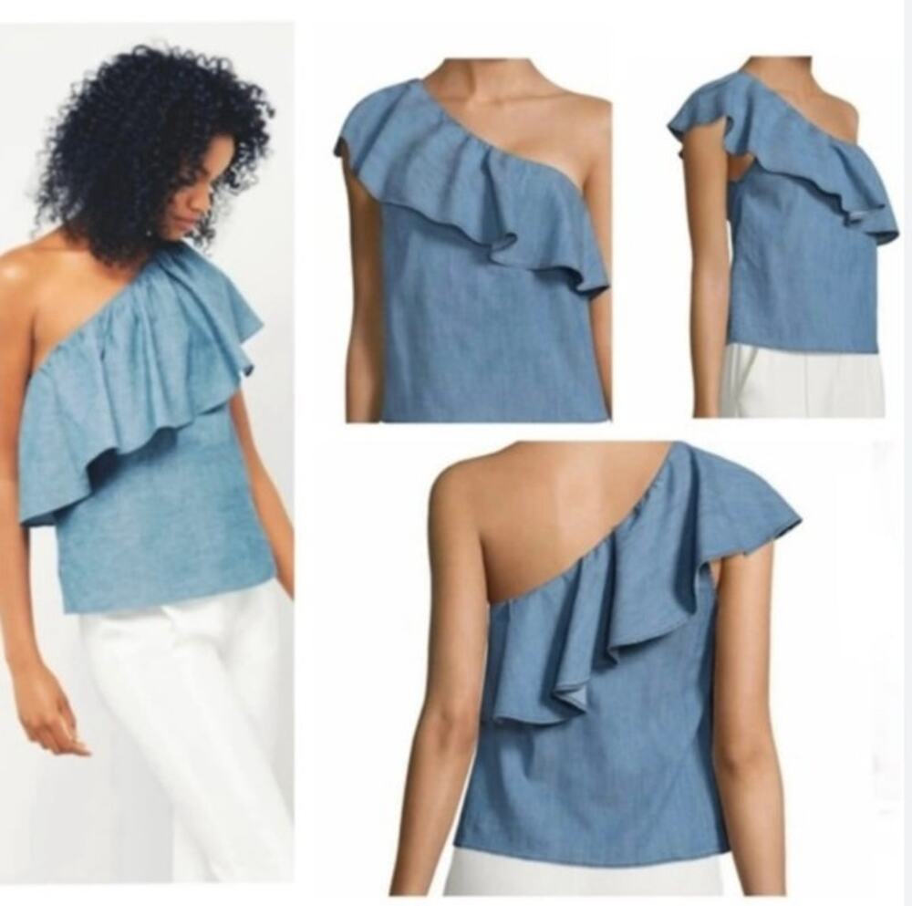 Alice + Olivia Top Womens Large One Shoulder Blue Nautical Beach Cottagecore Top